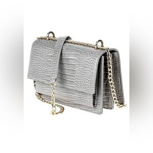 CROCODILE CONVERTIBLE SHOULDER AND CROSSBODY BAG IN GREY AND GOLD
